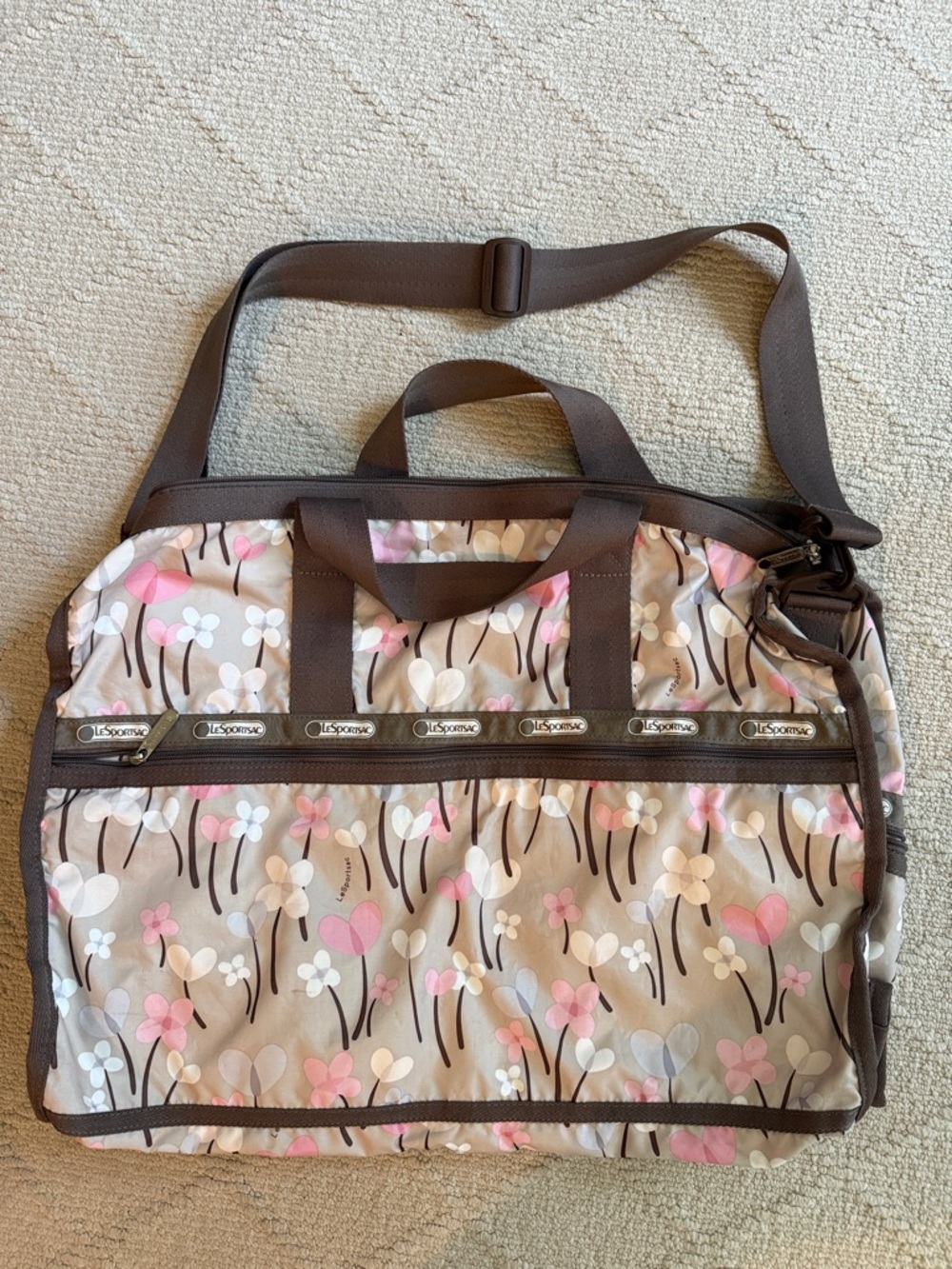 LeSportsac Beige Floral Weekender Duffel Travel Bag with Pink and Brown Accents
